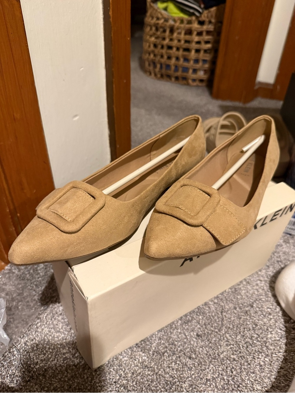 New Anne Klein Suede Pointed Toe Flats in Tan with Buckle Accent